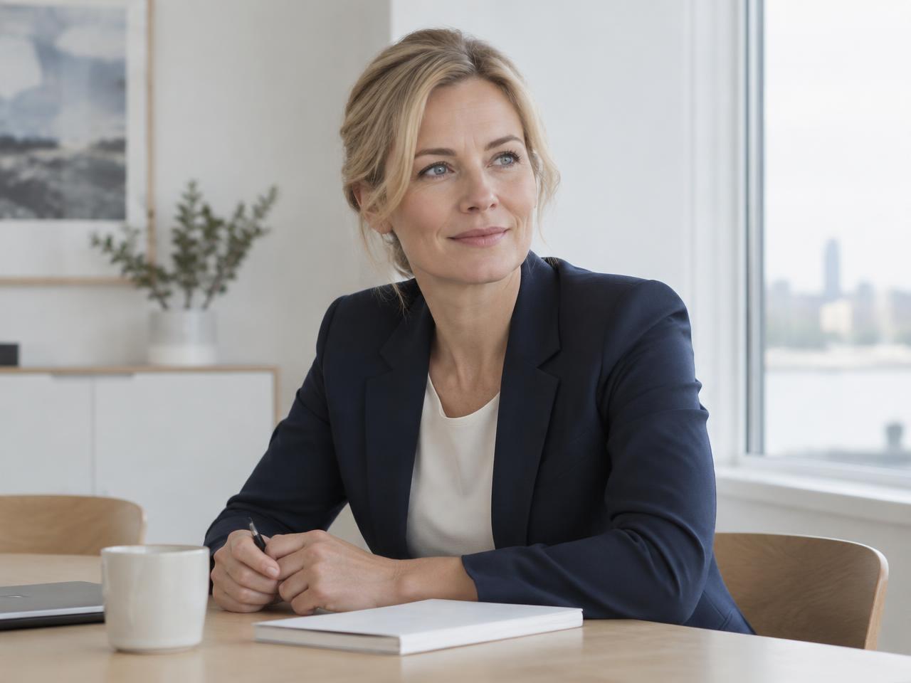 Elina Vahtola työpöydän ääressä valoisassa toimistossa.