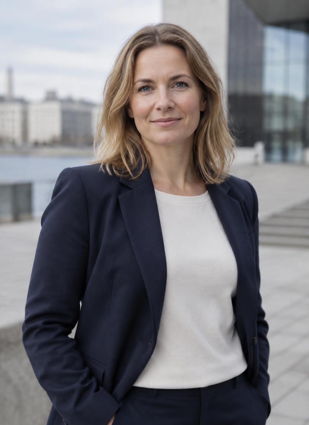 Kuvitteellinen eduskuntavaaliehdokas Elina Vahtola tummansinisessä bleiserissä ulkona kaupunkiympäristössä.